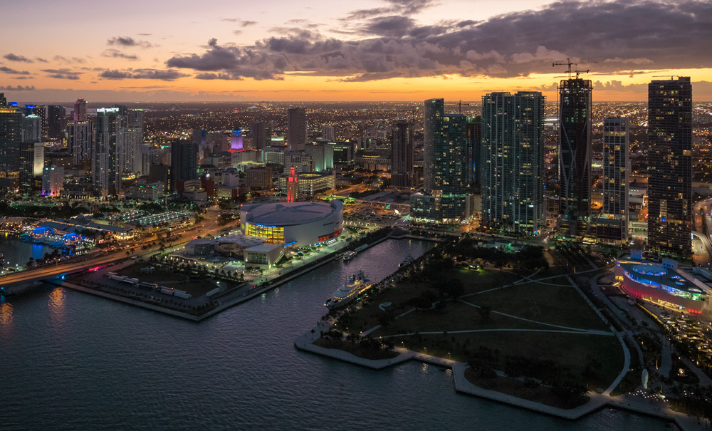 Aerial view of  American Airlines Arena in Miami . View of American Airlines Arena at sunset. American Airlines Arena view from a helicopter.
