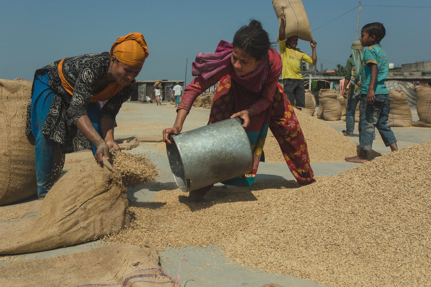 Women filling hessian bags with rice at Dhaka, Bangladesh Dhaka, Bangladesh Rice Mills.