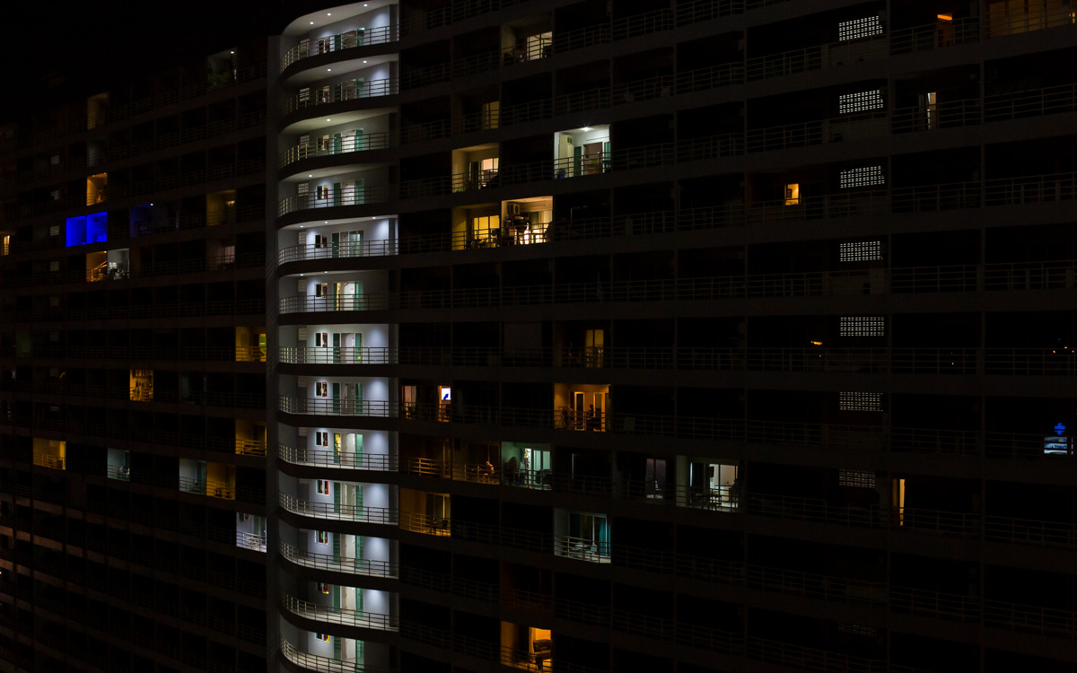 Building at night, close up view from my hotel balcony, Pattaya, Thailand, 2023